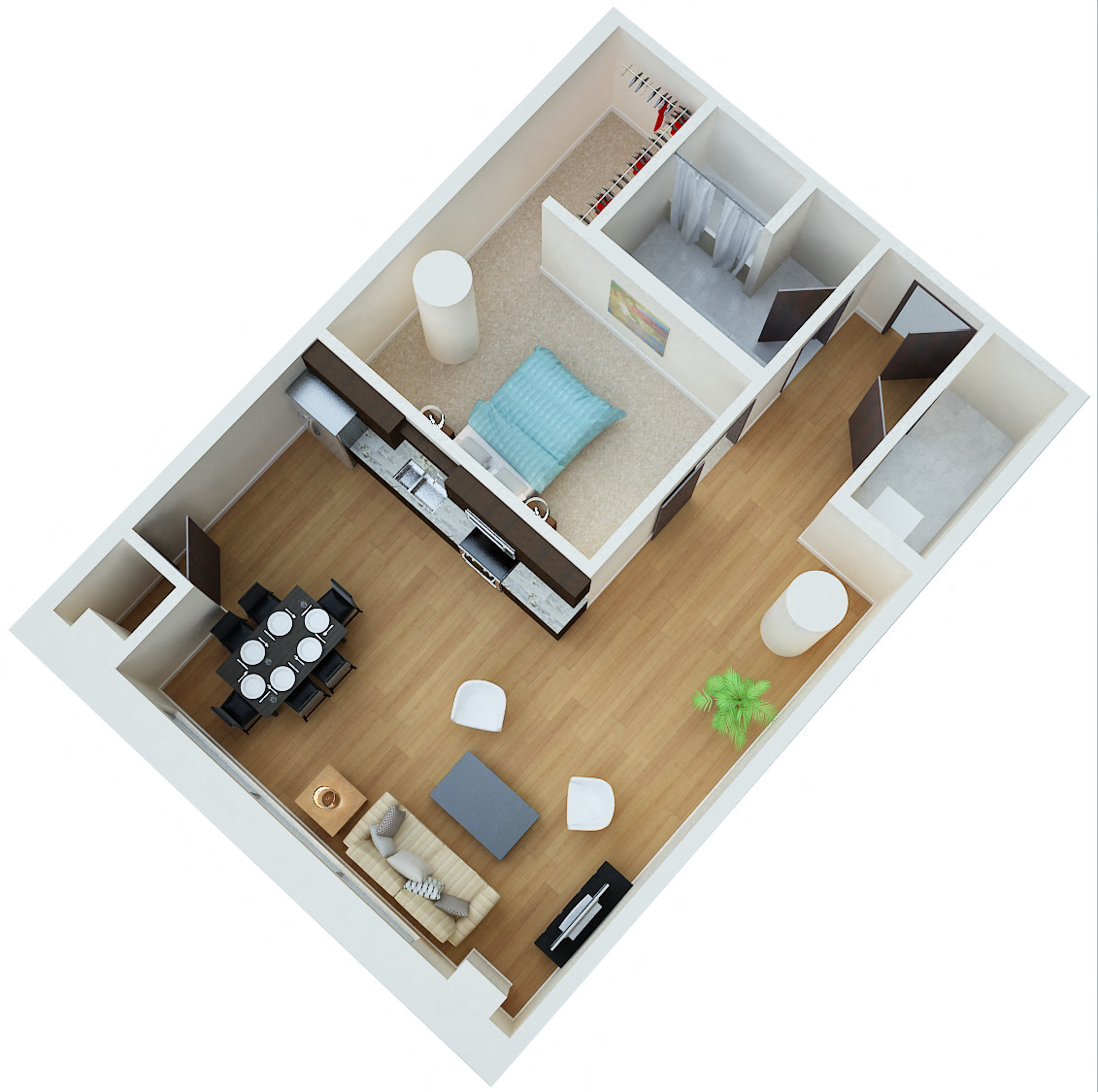 Floor plan for 1 bed, 1 bath, 894 sqft